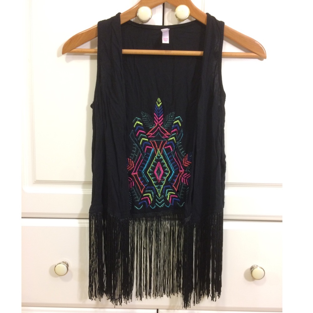 Boho Black fringe colorful embroidered tank top
